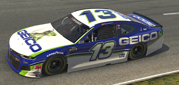 NORTH WILKESBORO, NORTH CAROLINA - MAY 09: (EDITORIAL USE ONLY) (Editors note: This image was computer generated in-game)  Ty Dillon, driver of the #13 Geico Chevrolet, races during the eNASCAR iRacing Pro Invitational Series North Wilkesboro 160 at virtual North Wilkesboro Speedway on May 09, 2020 in North Wilkesboro, North Carolina. (Photo by Chris Graythen/Getty Images) | Getty Images