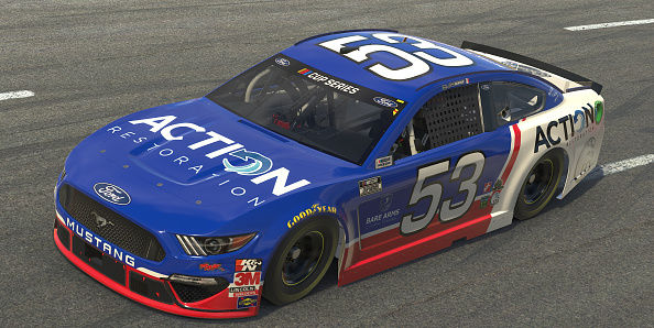 NORTH WILKESBORO, NORTH CAROLINA - MAY 09: (EDITORIAL USE ONLY) (Editors note: This image was computer generated in-game)  Joey Gase, driver of the #53 Action Restoration Chevrolet, races during the eNASCAR iRacing Pro Invitational Series North Wilkesboro 160 at virtual North Wilkesboro Speedway on May 09, 2020 in North Wilkesboro, North Carolina. (Photo by Chris Graythen/Getty Images) | Getty Images