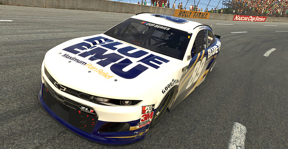 NORTH WILKESBORO, NORTH CAROLINA - MAY 09: (EDITORIAL USE ONLY) (Editors note: This image was computer generated in-game)  Landon Cassill, driver of the #89 Blue Emu Chevrolet,   races during the eNASCAR iRacing Pro Invitational Series North Wilkesboro 160 at virtual North Wilkesboro Speedway on May 09, 2020 in North Wilkesboro, North Carolina. (Photo by Chris Graythen/Getty Images) | Getty Images