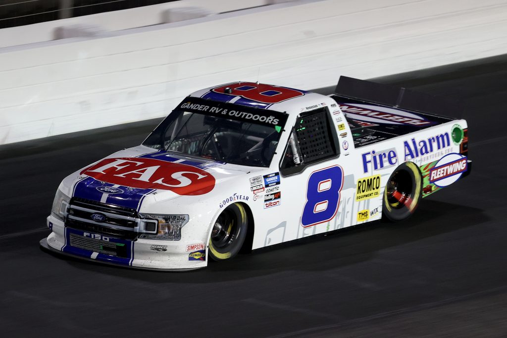 CONCORD, NORTH CAROLINA - MAY 26: John H. Nemechek, driver of the #8 Fire Alarm Services/Fleetwing Ford, drives during the NASCAR Gander Outdoors Trucks Series North Carolina Education Lottery 200 at Charlotte Motor Speedway on May 26, 2020 in Concord, North Carolina. (Photo by Chris Graythen/Getty Images) | Getty Images