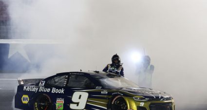 CONCORD, NORTH CAROLINA - MAY 28: Chase Elliott, driver of the #9 Kelley Blue Book Chevrolet, celebrates  after winning the NASCAR Cup Series Alsco Uniforms 500 at Charlotte Motor Speedway on May 28, 2020 in Concord, North Carolina. (Photo by Chris Graythen/Getty Images) | Getty Images