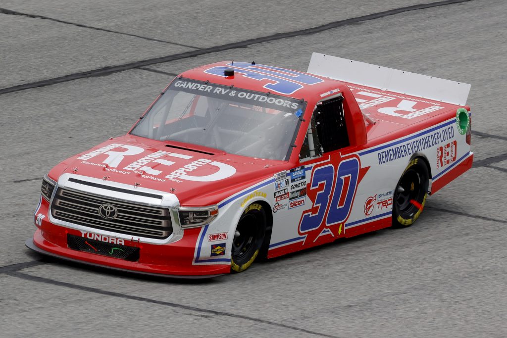 HAMPTON, GEORGIA - JUNE 06: Brennan Poole, driver of the #30 Remember Everyone Deployed Toyota, drives during the NASCAR Gander Outdoors Truck Series Vet Tix Camping World 200 at Atlanta Motor Speedway on June 06, 2020 in Hampton, Georgia. (Photo by Chris Graythen/Getty Images) | Getty Images