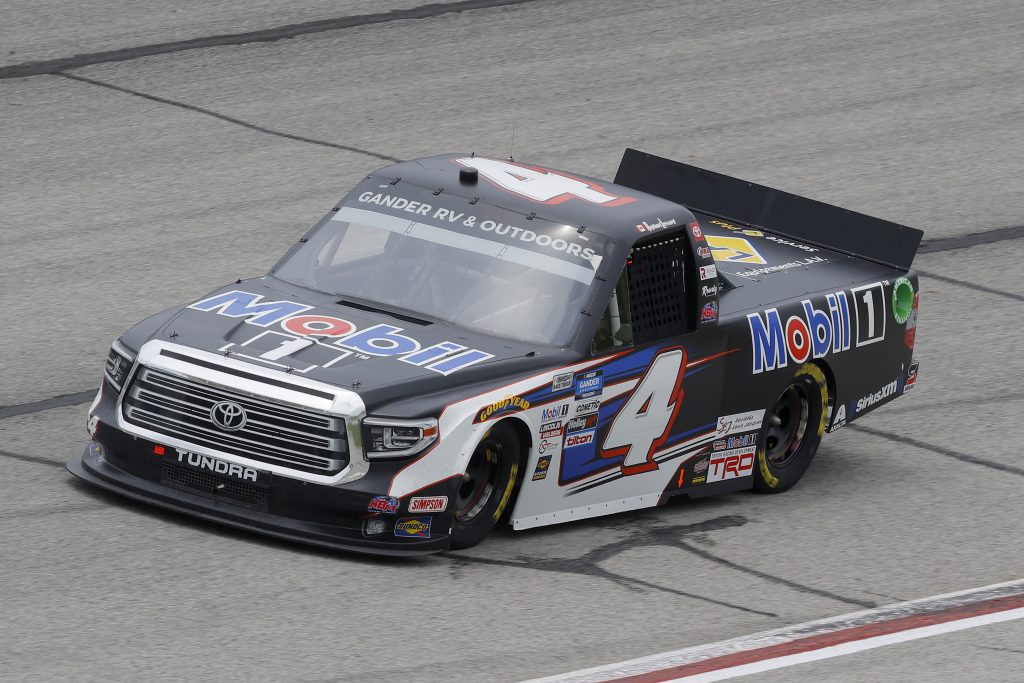 HAMPTON, GEORGIA - JUNE 06: Raphael Lessard, driver of the #4 Mobil 1 Toyota, drives during the NASCAR Gander Outdoors Truck Series Vet Tix Camping World 200 at Atlanta Motor Speedway on June 06, 2020 in Hampton, Georgia. (Photo by Chris Graythen/Getty Images) | Getty Images