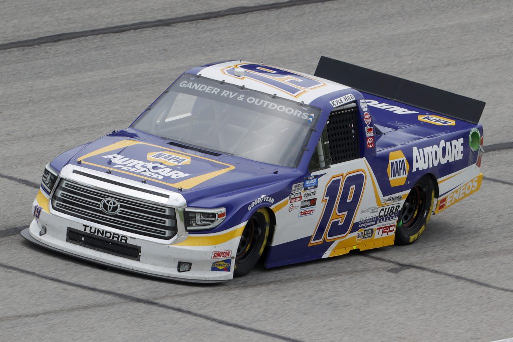 HAMPTON, GEORGIA - JUNE 06: Derek Kraus, driver of the #19 NAPA AUTOCARE Toyota, drives during the NASCAR Gander Outdoors Truck Series Vet Tix Camping World 200 at Atlanta Motor Speedway on June 06, 2020 in Hampton, Georgia. (Photo by Chris Graythen/Getty Images) | Getty Images