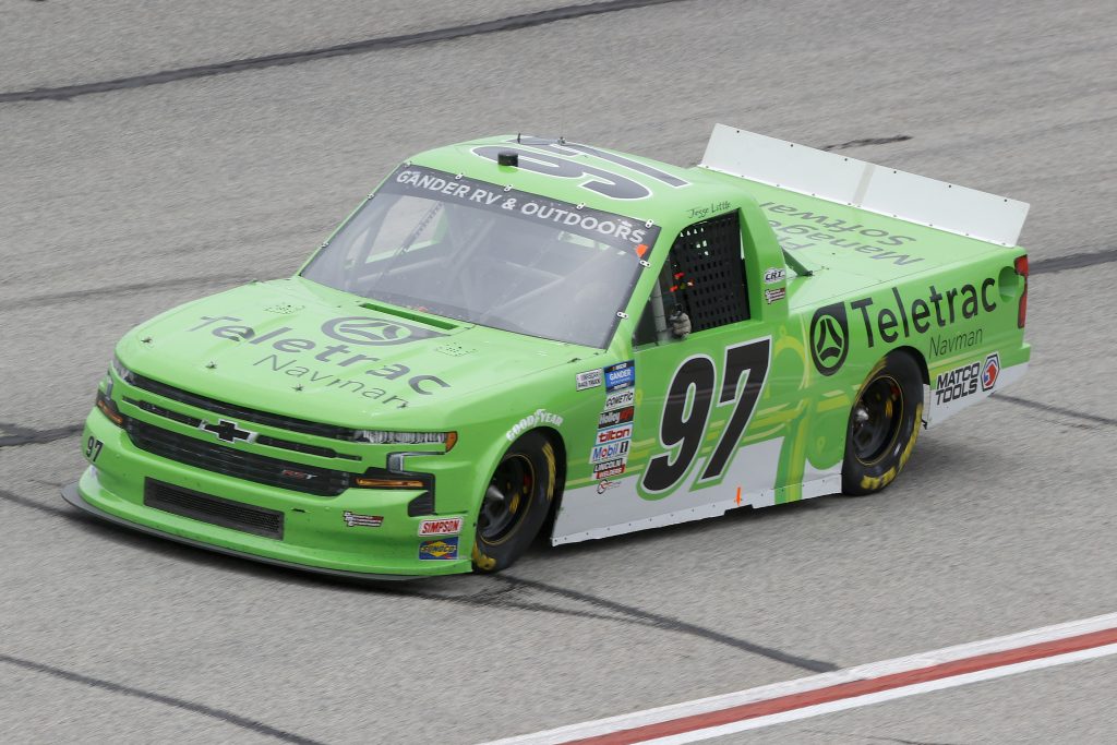HAMPTON, GEORGIA - JUNE 06: Jesse Little, driver of the #97 Teletrac Navman Chevrolet, drives during the NASCAR Gander Outdoors Truck Series Vet Tix Camping World 200 at Atlanta Motor Speedway on June 06, 2020 in Hampton, Georgia. (Photo by Chris Graythen/Getty Images) | Getty Images