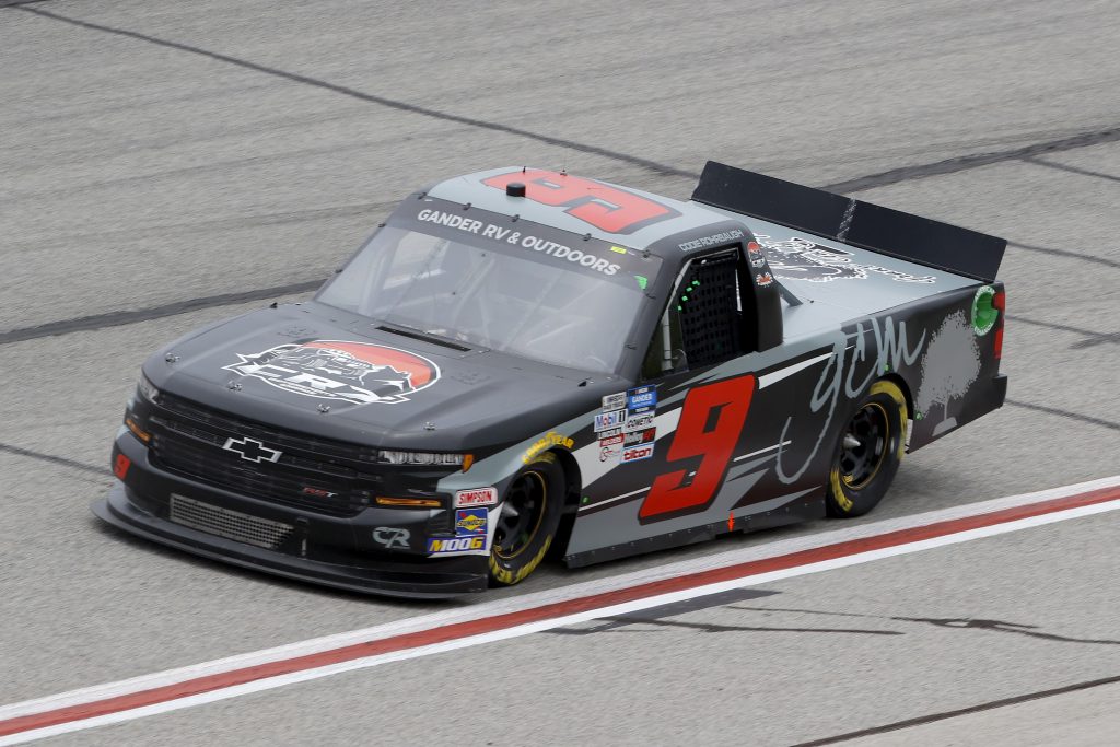 HAMPTON, GEORGIA - JUNE 06: Codie Rohrbaugh, driver of the #9 Grant County Mulch Chevrolet, drives during the NASCAR Gander Outdoors Truck Series Vet Tix Camping World 200 at Atlanta Motor Speedway on June 06, 2020 in Hampton, Georgia. (Photo by Chris Graythen/Getty Images) | Getty Images