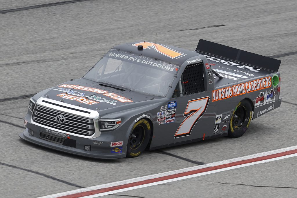 HAMPTON, GEORGIA - JUNE 06: Korbin Forrister, driver of the #7 Nursing Home Heroes Toyota, drives during the NASCAR Gander Outdoors Truck Series Vet Tix Camping World 200 at Atlanta Motor Speedway on June 06, 2020 in Hampton, Georgia. (Photo by Chris Graythen/Getty Images) | Getty Images