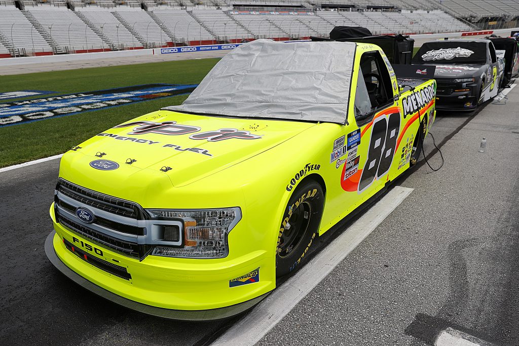 HAMPTON, GEORGIA - JUNE 06: The #88 Rip It/Menards Ford, driven by Matt Crafton, waits on the grid prior to the NASCAR Gander Outdoors Truck Series Vet Tix Camping World 200 at Atlanta Motor Speedway on June 06, 2020 in Hampton, Georgia. (Photo by Chris Graythen/Getty Images) | Getty Images
