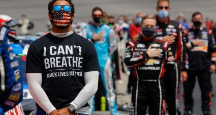 HAMPTON, GEORGIA - JUNE 07: Bubba Wallace, driver of the #43 McDonald's Chevrolet,  wears  a 