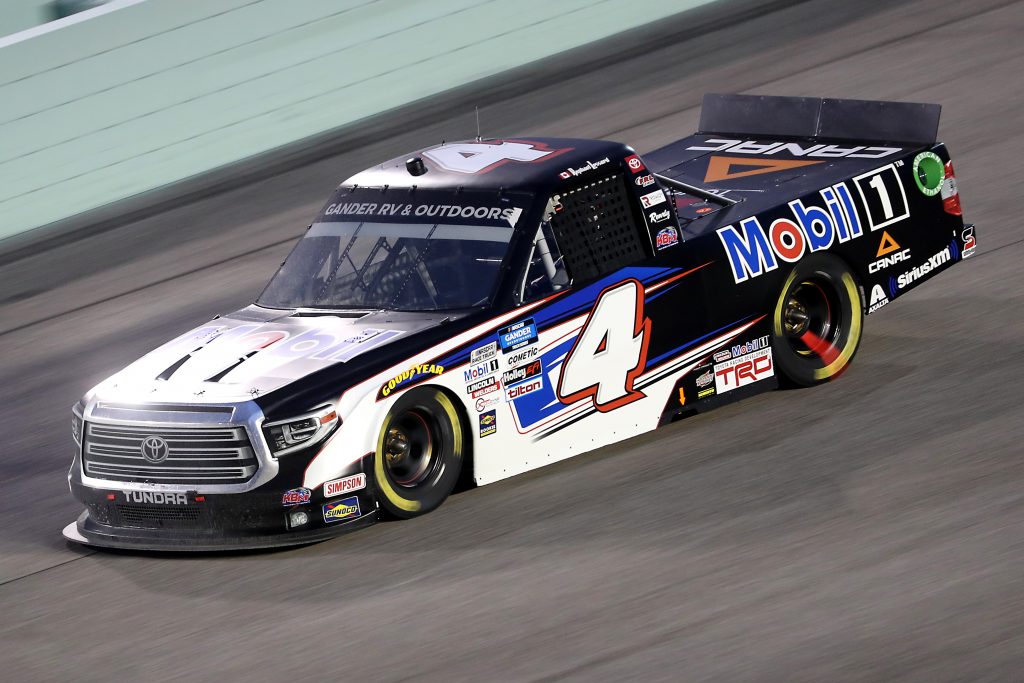 HOMESTEAD, FLORIDA - JUNE 13: Raphael Lessard, driver of the #4 Mobil 1 Toyota, races during the NASCAR Gander RV & Outdoors Truck Series Baptist Health 200 at Homestead-Miami Speedway on June 13, 2020 in Homestead, Florida. (Photo by Chris Graythen/Getty Images) | Getty Images