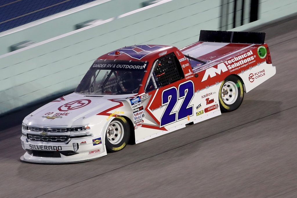 HOMESTEAD, FLORIDA - JUNE 13: Austin Wayne Self, driver of the #22 GO TEXAN/AM Technical Solutions Chevrolet, races during the NASCAR Gander RV & Outdoors Truck Series Baptist Health 200 at Homestead-Miami Speedway on June 13, 2020 in Homestead, Florida. (Photo by Chris Graythen/Getty Images) | Getty Images