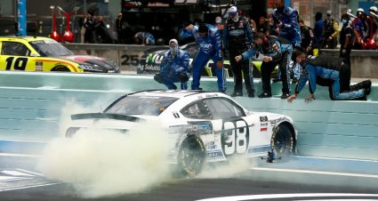 HOMESTEAD, FLORIDA - JUNE 14: Chase Briscoe, driver of the #98 Ford Performance Racing School Ford, celebrates with a burnout after winning the NASCAR Xfinity Series Contender Boats 250 at Homestead-Miami Speedway on June 14, 2020 in Homestead, Florida. (Photo by Michael Reaves/Getty Images) | Getty Images