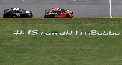 TALLADEGA, ALABAMA - JUNE 22: A view of pit road is seen with an #IStandWithBubba stencil prior to the NASCAR Cup Series GEICO 500 at Talladega Superspeedway on June 22, 2020 in Talladega, Alabama. A noose was found in the garage stall of NASCAR driver Bubba Wallace at Talladega Superspeedway a week after the organization banned the Confederate flag at its facilities. (Photo by Brian Lawdermilk/Getty Images) | Getty Images