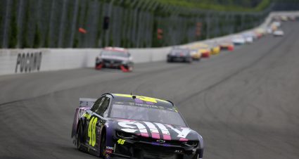 LONG POND, PENNSYLVANIA - JULY 28: Jimmie Johnson, driver of the #48 Ally Chevrolet, leads a pack of cars during the Monster Energy NASCAR Cup Series Gander RV 400 at Pocono Raceway on July 28, 2019 in Long Pond, Pennsylvania. (Photo by Chris Trotman/Getty Images) | Getty Images
