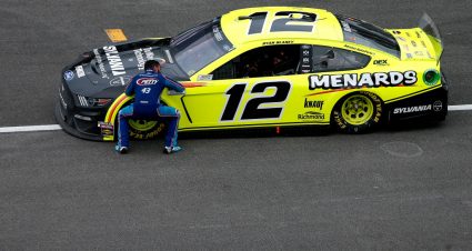 TALLADEGA, ALABAMA - JUNE 22:  Bubba Wallace, driver of the #43 Victory Junction Chevrolet, congratulates Ryan Blaney, driver of the #12 Menards/Sylvania Ford, after Blaney won the NASCAR Cup Series GEICO 500 at Talladega Superspeedway on June 22, 2020 in Talladega, Alabama. (Photo by Brian Lawdermilk/Getty Images) | Getty Images