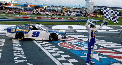 CONCORD, NORTH CAROLINA - OCTOBER 11: Chase Elliott, driver of the #9 NAPA Auto Parts Chevrolet, celebrates after winning  the NASCAR Cup Series Bank of America ROVAL 400 at Charlotte Motor Speedway on October 11, 2020 in Concord, North Carolina. (Photo by Sean Gardner/Getty Images) | Getty Images