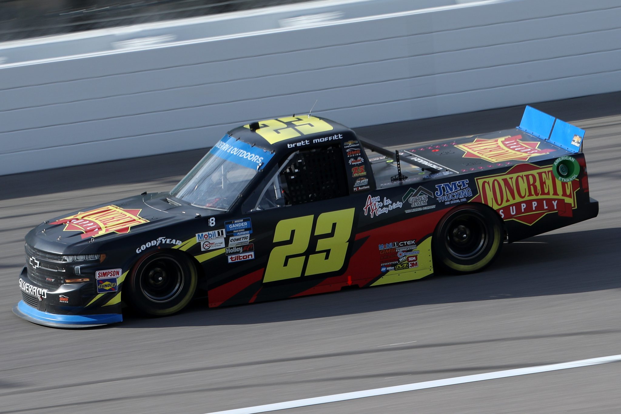 KANSAS CITY, KANSAS - OCTOBER 17: Brett Moffitt, driver of the #23 Concrete Supply Chevrolet, drives during the NASCAR Gander RV & Outdoors Truck Series Clean Harbors 200at Kansas Speedway on October 17, 2020 in Kansas City, Kansas. (Photo by Chris Graythen/Getty Images) | Getty Images