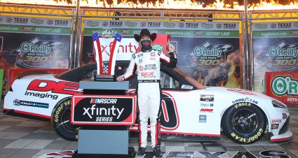 FORT WORTH, TEXAS - OCTOBER 24: Harrison Burton, driver of the #20 DEX Imaging Toyota, celebrates in victory lane after winning the NASCAR Xfinity Series O'Reilly Auto Parts 300 at Texas Motor Speedway on October 24, 2020 in Fort Worth, Texas. (Photo by Chris Graythen/Getty Images) | Getty Images