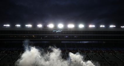 FORT WORTH, TEXAS - OCTOBER 28: Kyle Busch, driver of the #18 Skittles Zombie Toyota, celebrates with a burnout after winning the NASCAR Cup Series Autotrader EchoPark Automotive 500 at Texas Motor Speedway on October 28, 2020 in Fort Worth, Texas. (Photo by Chris Graythen/Getty Images) | Getty Images