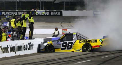 MARTINSVILLE, VIRGINIA - OCTOBER 30: Grant Enfinger, driver of the #98 Champion/Curb Records Ford, celebrates with a burnout after winning the NASCAR Gander RV & Outdoors Truck Series NASCAR Hall of Fame 200 at Martinsville Speedway on October 30, 2020 in Martinsville, Virginia. (Photo by Brian Lawdermilk/Getty Images) | Getty Images