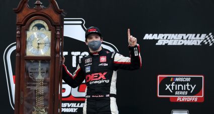 MARTINSVILLE, VIRGINIA - OCTOBER 31: Harrison Burton, driver of the #20 DEX Imaging Toyota, celebrates in victory lane after winning the NASCAR Xfinity Series Draft Top 250 at Martinsville Speedway on October 31, 2020 in Martinsville, Virginia. (Photo by Brian Lawdermilk/Getty Images) | Getty Images