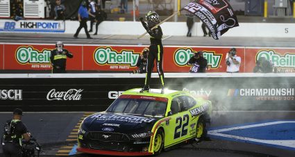 AVONDALE, ARIZONA - NOVEMBER 07: Austin Cindric, driver of the #22 Menards/Richmond Ford, celebrates after winning  the NASCAR Xfinity Series Desert Diamond Casino West Valley 200 and the 2020 NASCAR Xfinity Series Championship at Phoenix Raceway on November 07, 2020 in Avondale, Arizona. (Photo by Brian Lawdermilk/Getty Images) | Getty Images