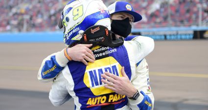 AVONDALE, ARIZONA - NOVEMBER 08: Chase Elliott, driver of the #9 NAPA Auto Parts Chevrolet, and pit crew member celebrate after winning the NASCAR Cup Series Season Finale 500 and the 2020 NASCAR Cup Series Championship at Phoenix Raceway on November 08, 2020 in Avondale, Arizona. (Photo by Jared C. Tilton/Getty Images) | Getty Images