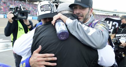 AVONDALE, ARIZONA - NOVEMBER 08: Chase Elliott, driver of the #9 NAPA Auto Parts Chevrolet, is congratulated by Jimmie Johnson, driver of the #48 Ally Chevrolet, and  team owner and NASCAR Hall of Famer Rick Hendrick after winning the NASCAR Cup Series Season Finale 500 and the 2020 NASCAR Cup Series Championship at Phoenix Raceway on November 08, 2020 in Avondale, Arizona. (Photo by Jared C. Tilton/Getty Images) | Getty Images