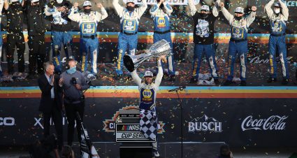 AVONDALE, ARIZONA - NOVEMBER 08: Chase Elliott, driver of the #9 NAPA Auto Parts Chevrolet, and crew celebrate in victory lane after winning the NASCAR Cup Series Season Finale 500 and the 2020 NASCAR Cup Series Championship at Phoenix Raceway on November 08, 2020 in Avondale, Arizona. (Photo by Christian Petersen/Getty Images) | Getty Images