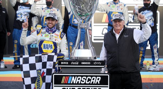 AVONDALE, ARIZONA - NOVEMBER 08: Chase Elliott, driver of the #9 NAPA Auto Parts Chevrolet and team owner and NASCAR Hall of Famer Rick Hendrick celebrate in victory lane after winning the NASCAR Cup Series Season Finale 500 and the 2020 NASCAR Cup Series Championship at Phoenix Raceway on November 08, 2020 in Avondale, Arizona. (Photo by Chris Graythen/Getty Images) | Getty Images