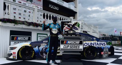 LONG POND, PENNSYLVANIA - JUNE 27: Kevin Harvick, driver of the #4 Busch Head for the Mountains Ford, celebrates in Victory Lane after wining the NASCAR Cup Series Pocono Organics 325 in partnership with Rodale Institute at Pocono Raceway on June 27, 2020 in Long Pond, Pennsylvania. (Photo by Jared C. Tilton/Getty Images) | Getty Images