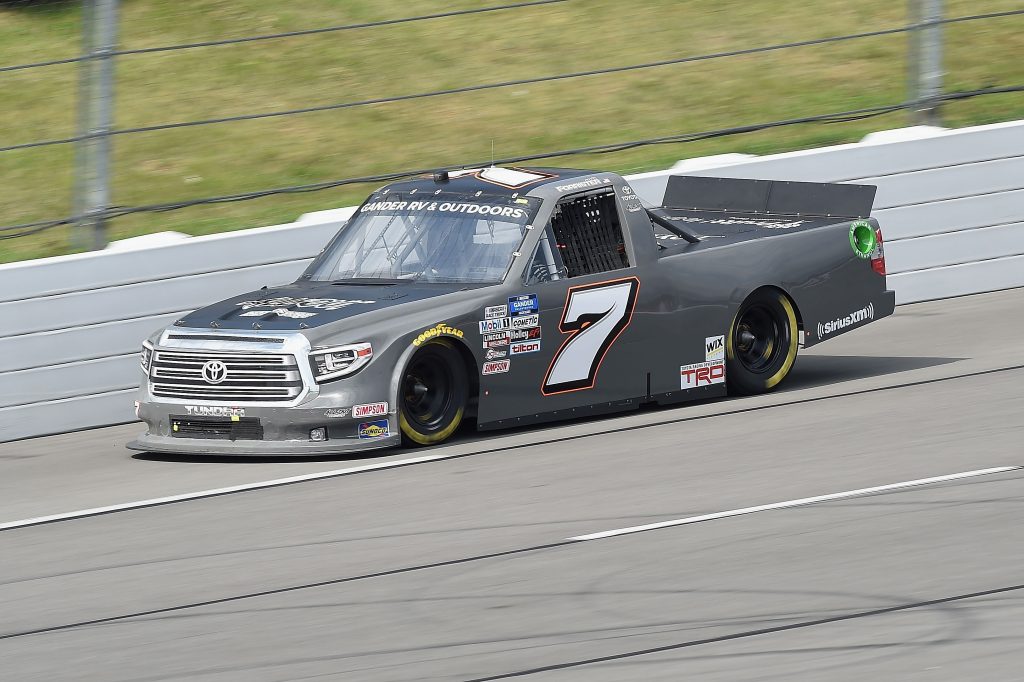 LONG POND, PENNSYLVANIA - JUNE 28: Korbin Forrister, driver of the #7 Pruitt Healthcare Toyota, drives during the NASCAR Gander RV & Outdoors Truck Series Pocono Organics 150 to benefit Farm Aid at Pocono Raceway on June 28, 2020 in Long Pond, Pennsylvania. (Photo by Jared C. Tilton/Getty Images) | Getty Images