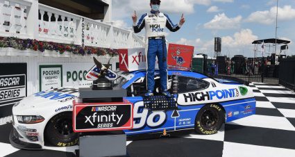 LONG POND, PENNSYLVANIA - JUNE 28:  Chase Briscoe, driver of the #98 Highpoint.com Ford, celebrates in Victory Lane after winning the NASCAR Xfinity Series Pocono Green 225 Recycled by J.P. Mascaro & Sons at Pocono Raceway on June 28, 2020 in Long Pond, Pennsylvania. (Photo by Jared C. Tilton/Getty Images) | Getty Images