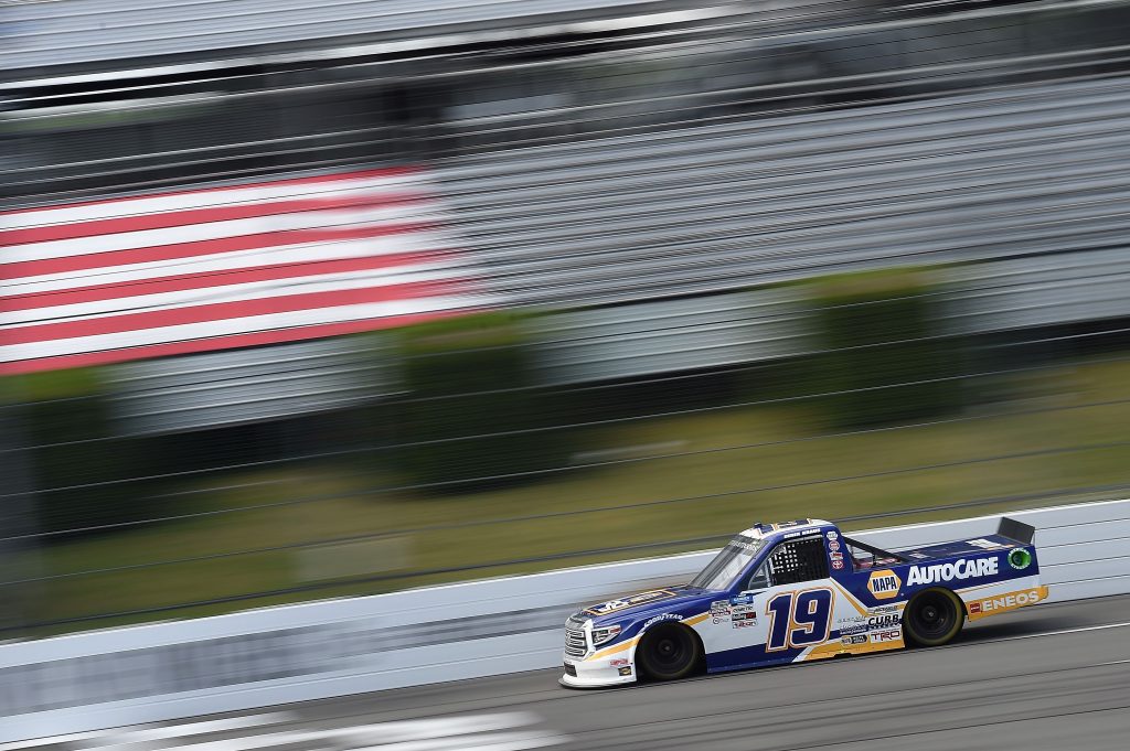 LONG POND, PENNSYLVANIA - JUNE 28: Derek Kraus, driver of the #19 NAPA AUTOCARE Toyota, drives during the NASCAR Gander RV & Outdoors Truck Series Pocono Organics 150 to benefit Farm Aid at Pocono Raceway on June 28, 2020 in Long Pond, Pennsylvania. (Photo by Jared C. Tilton/Getty Images) | Getty Images
