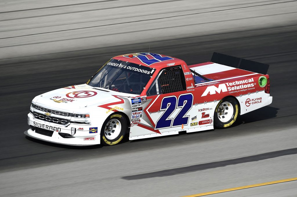 SPARTA, KENTUCKY - JULY 11: Austin Wayne Self, driver of the #22 GO TEXAN/AM Technical Solutions Chevrolet, drives during the NASCAR Gander RV & Outdoors Truck Series Buckle Up In Your Truck 225 at Kentucky Speedway on July 11, 2020 in Sparta, Kentucky. (Photo by Jared C. Tilton/Getty Images) | Getty Images