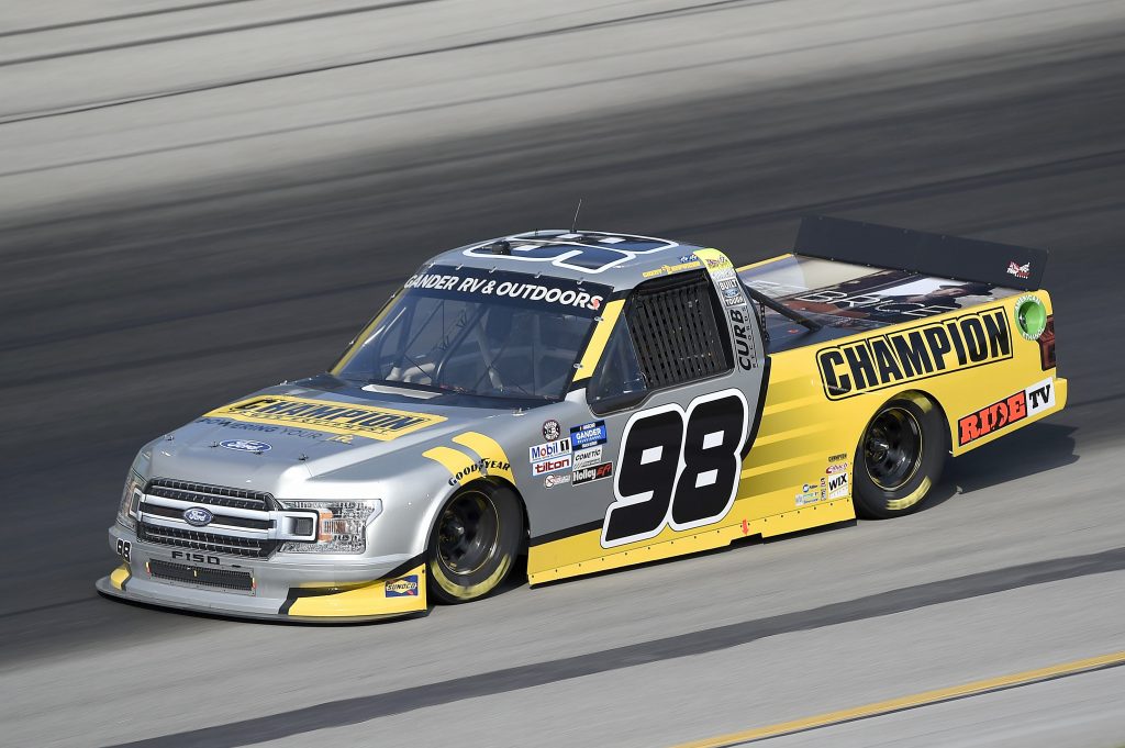 SPARTA, KENTUCKY - JULY 11: Grant Enfinger, driver of the #98 Champion Power Equipment Ford, drives during the NASCAR Gander RV & Outdoors Truck Series Buckle Up In Your Truck 225 at Kentucky Speedway on July 11, 2020 in Sparta, Kentucky. (Photo by Jared C. Tilton/Getty Images) | Getty Images