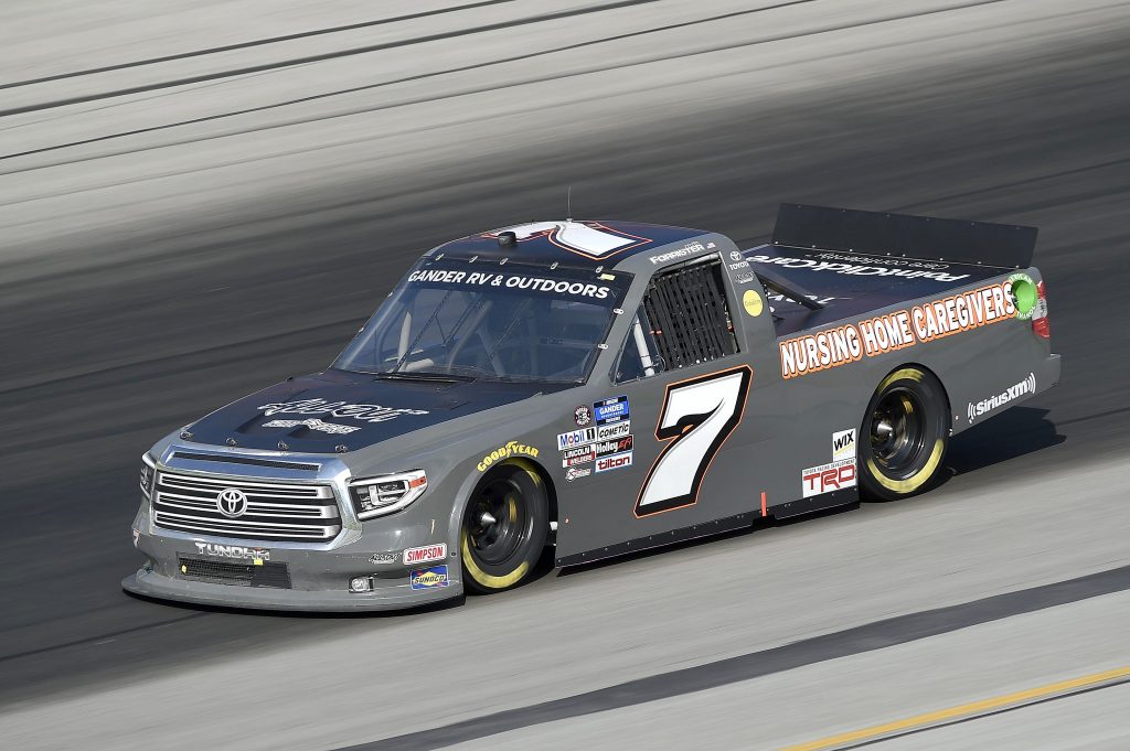 SPARTA, KENTUCKY - JULY 11: Korbin Forrister, driver of the #7 Nursing Home Heroes Toyota, drives during the NASCAR Gander RV & Outdoors Truck Series Buckle Up In Your Truck 225 at Kentucky Speedway on July 11, 2020 in Sparta, Kentucky. (Photo by Jared C. Tilton/Getty Images) | Getty Images