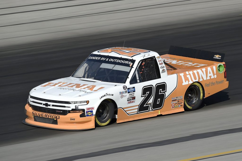 SPARTA, KENTUCKY - JULY 11: Tyler Ankrum, driver of the #26 Liuna! Chevrolet dives during the NASCAR Gander RV & Outdoors Truck Series Buckle Up In Your Truck 225 at Kentucky Speedway on July 11, 2020 in Sparta, Kentucky. (Photo by Jared C. Tilton/Getty Images) | Getty Images