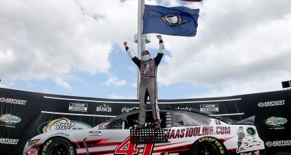 SPARTA, KENTUCKY - JULY 12: Cole Custer, driver of the #41 HaasTooling.com Ford, celebrates in Victory Lane after winning the NASCAR Cup Series Quaker State 400 Presented by Walmart at Kentucky Speedway on July 12, 2020 in Sparta, Kentucky. (Photo by Jared C. Tilton/Getty Images) | Getty Images