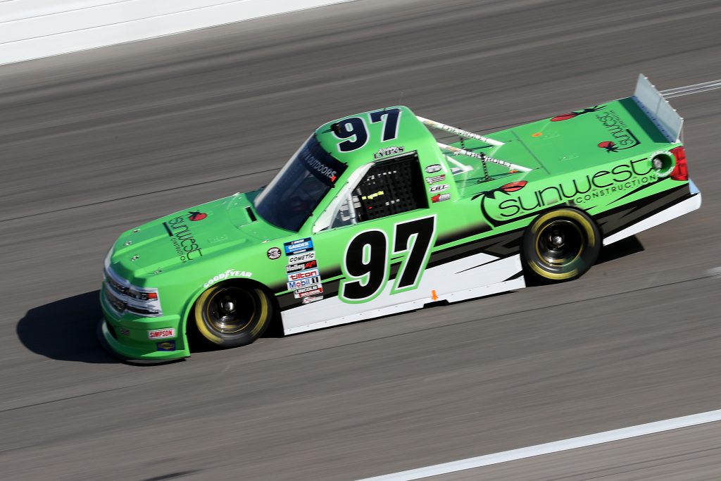 KANSAS CITY, KANSAS - JULY 24: Robby Lyons II, driver of the #97 Sunwest Construction Chevrolet, drives during the NASCAR Gander RV & Outdoors Truck Series Kansas 200 at Kansas Speedway on July 24, 2020 in Kansas City, Kansas. (Photo by Jamie Squire/Getty Images) | Getty Images