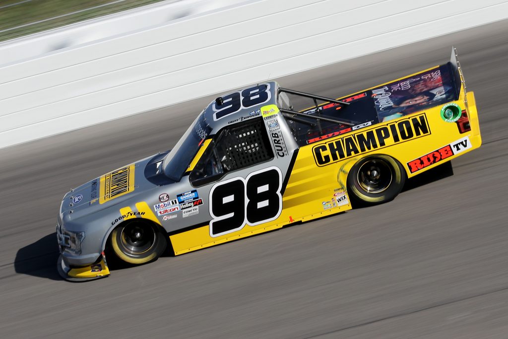 KANSAS CITY, KANSAS - JULY 24: Grant Enfinger, driver of the #98 Champion Curb Records Ford, drives during the NASCAR Gander RV & Outdoors Truck Series Kansas 200 at Kansas Speedway on July 24, 2020 in Kansas City, Kansas. (Photo by Jamie Squire/Getty Images) | Getty Images