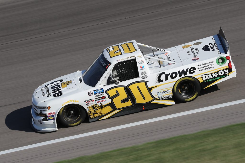 KANSAS CITY, KANSAS - JULY 24: Spencer Boyd, driver of the #20 Crowe Equipment Inc Chevrolet, drives during the NASCAR Gander RV & Outdoors Truck Series Kansas 200 at Kansas Speedway on July 24, 2020 in Kansas City, Kansas. (Photo by Jamie Squire/Getty Images) | Getty Images