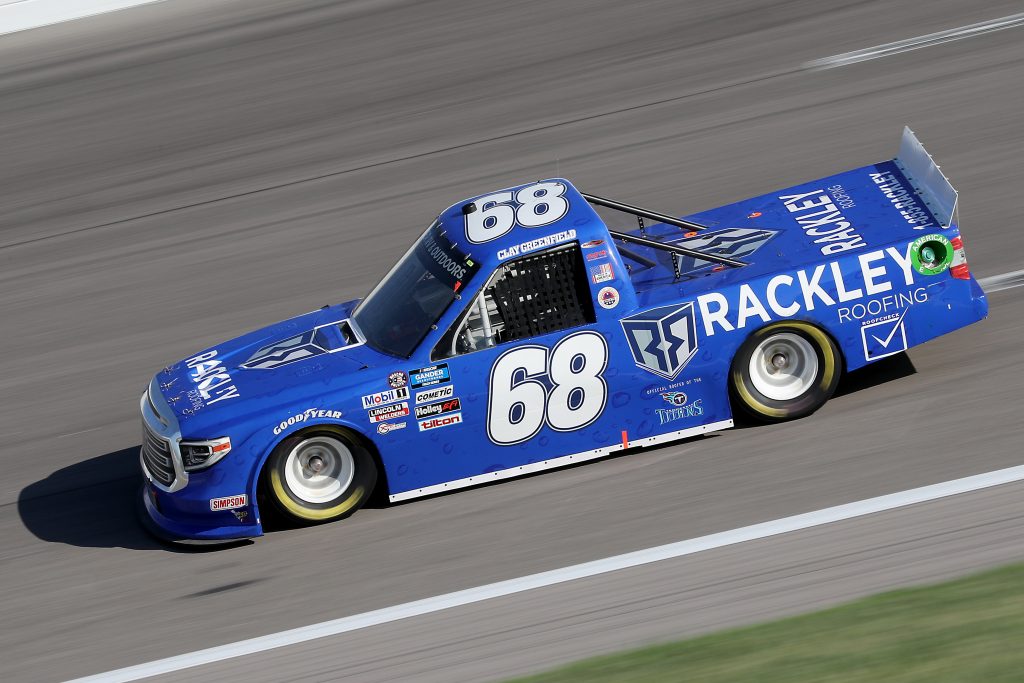 KANSAS CITY, KANSAS - JULY 24: Clay Greenfield, driver of the #68 Rackley Roofing Toyota, drives during the NASCAR Gander RV & Outdoors Truck Series Kansas 200 at Kansas Speedway on July 24, 2020 in Kansas City, Kansas. (Photo by Jamie Squire/Getty Images) | Getty Images