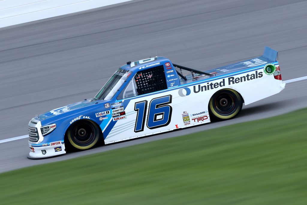 KANSAS CITY, KANSAS - JULY 24: Austin Hill, driver of the #16 United Rentals Toyota, drives during the NASCAR Gander RV & Outdoors Truck Series Kansas 200 at Kansas Speedway on July 24, 2020 in Kansas City, Kansas. (Photo by Jamie Squire/Getty Images) | Getty Images