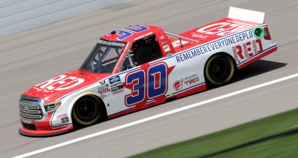 KANSAS CITY, KANSAS - JULY 25: Brennan Poole, driver of the #30 RememberEveryoneDeployed.org Toyota, drives during the NASCAR Gander RV & Outdoors Truck Series e.p.t 200 at Kansas Speedway on July 25, 2020 in Kansas City, Kansas. (Photo by Jamie Squire/Getty Images) | Getty Images