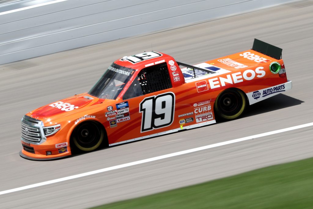 KANSAS CITY, KANSAS - JULY 25: Derek Kraus, driver of the #19 ENEOS Toyota, drives during the NASCAR Gander RV & Outdoors Truck Series e.p.t 200 at Kansas Speedway on July 25, 2020 in Kansas City, Kansas. (Photo by Jamie Squire/Getty Images) | Getty Images