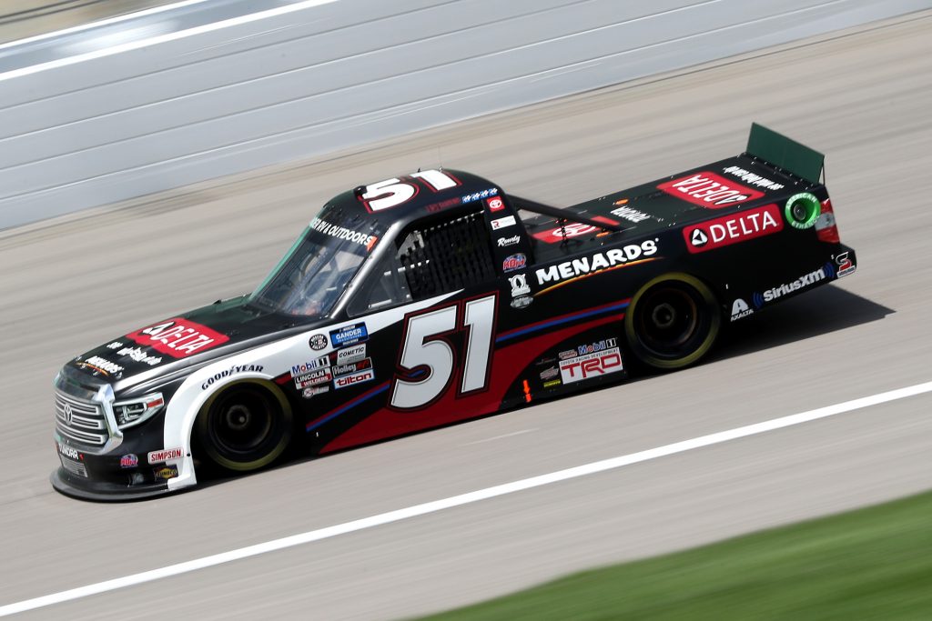 KANSAS CITY, KANSAS - JULY 25: Brandon Jones, driver of the #51 Delta Faucet/Menards Toyota, drives during the NASCAR Gander RV & Outdoors Truck Series e.p.t 200 at Kansas Speedway on July 25, 2020 in Kansas City, Kansas. (Photo by Jamie Squire/Getty Images) | Getty Images