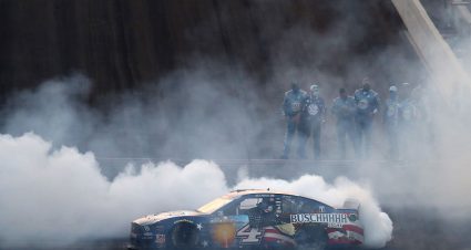 INDIANAPOLIS, INDIANA - JULY 05:  Kevin Harvick, driver of the #4 Busch Light Patriotic Ford, celebrates with a burnout after winning the NASCAR Cup Series Big Machine Hand Sanitizer 400 Powered by Big Machine Records at Indianapolis Motor Speedway on July 05, 2020 in Indianapolis, Indiana. (Photo by Jamie Squire/Getty Images) | Getty Images