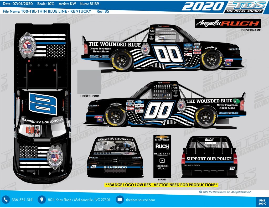 Rendering of Angela Ruch’s NASCAR vehicle to #BackTheBlue for @WoundedBlue