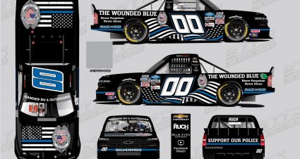 Rendering of Angela Ruch’s NASCAR vehicle to #BackTheBlue for @WoundedBlue